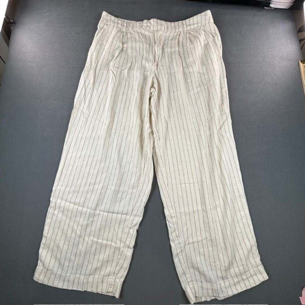 A New Day Women's Ivory White w/ Black Stripe Linen Blend Wide Leg Pants 16